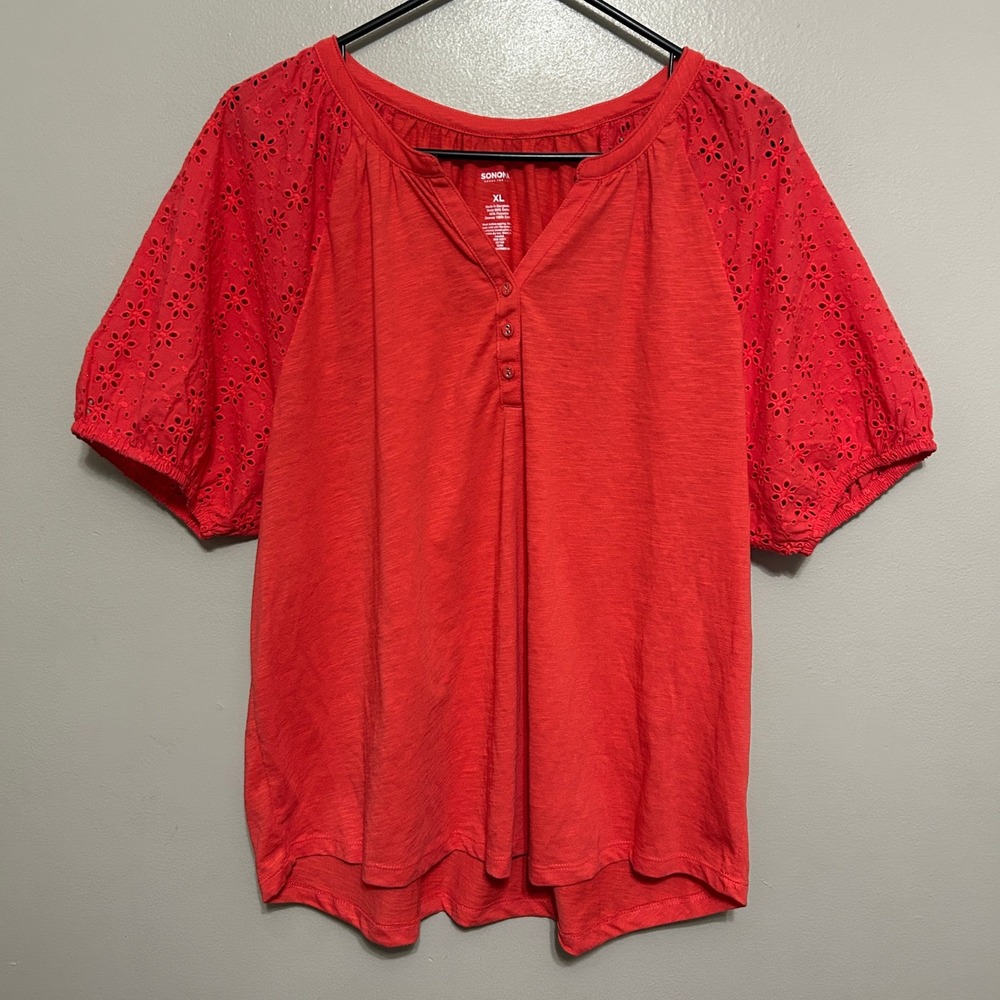 Sonoma Blouse XL Red Henley Slub Knit Puff Eyelet Sleeve Cottagecore Boho Floral
